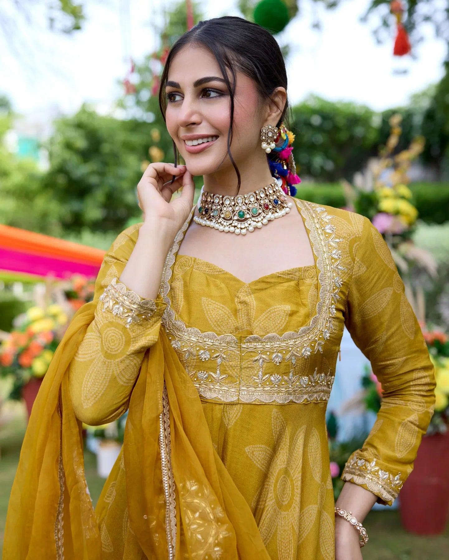 Designer Mustard Bandhani Chanderi Suit Set with Coordinated Dupatta