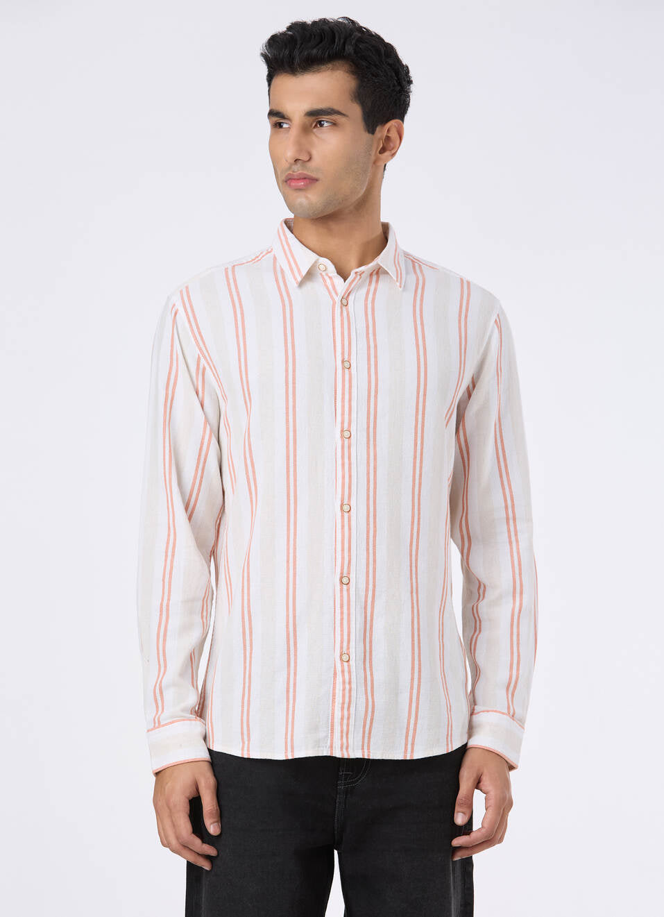 Comfortable Men Natural Beige Stripe Full Sleeve Shirt with Soft Cotton Material