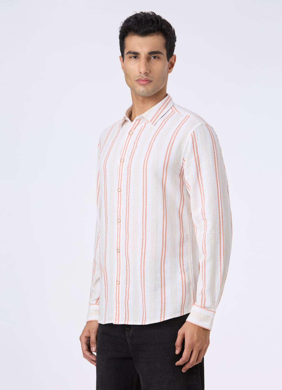 Comfortable Men Natural Beige Stripe Full Sleeve Shirt with Soft Cotton Material