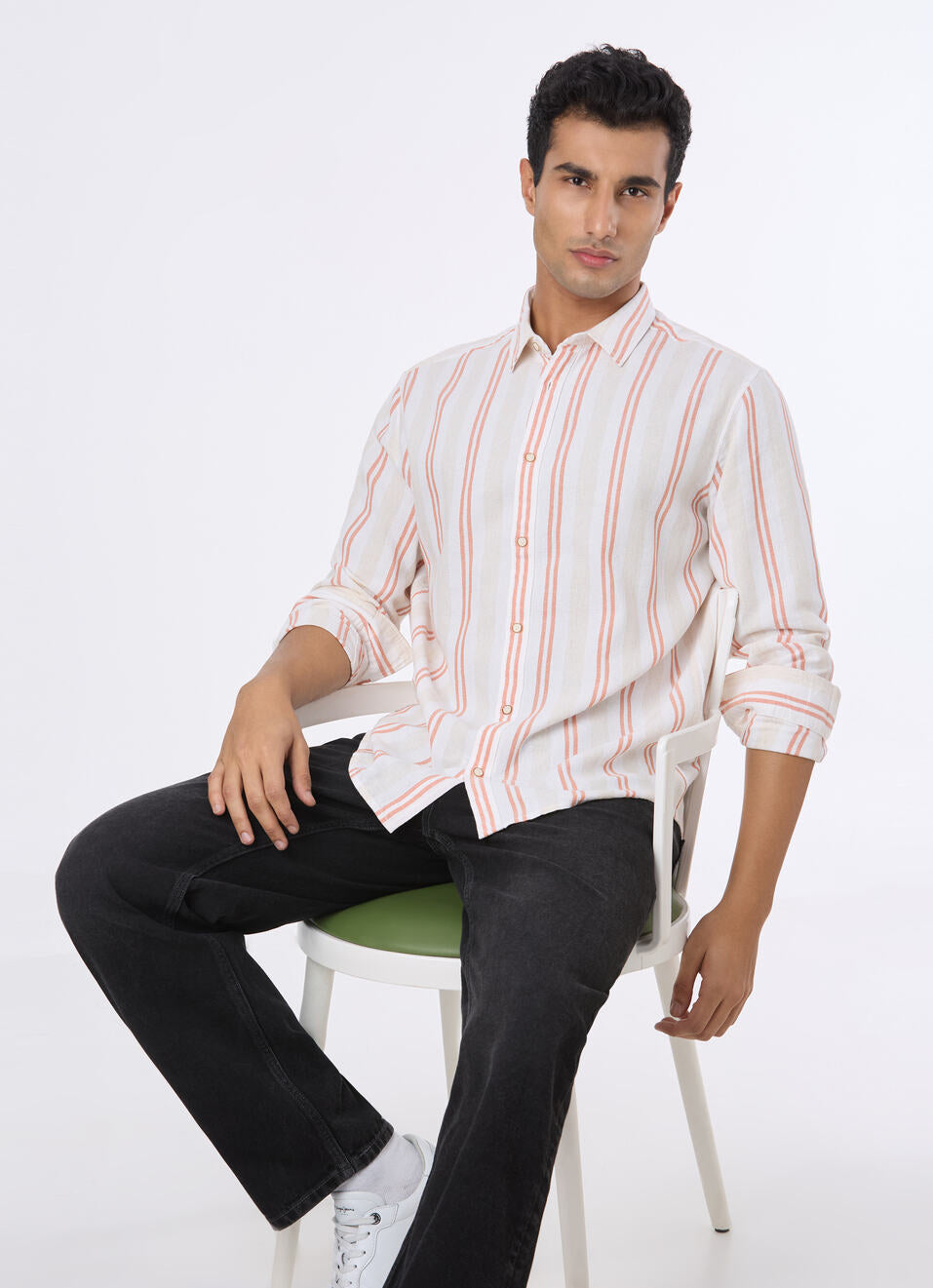 Comfortable Men Natural Beige Stripe Full Sleeve Shirt with Soft Cotton Material