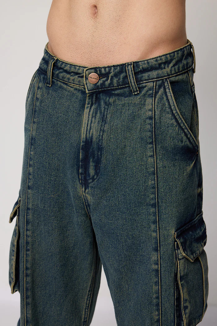 Casual Rugged Ocean Blue Cargo Jeans for Men with Baggy Straight Fit and Multiple Pockets