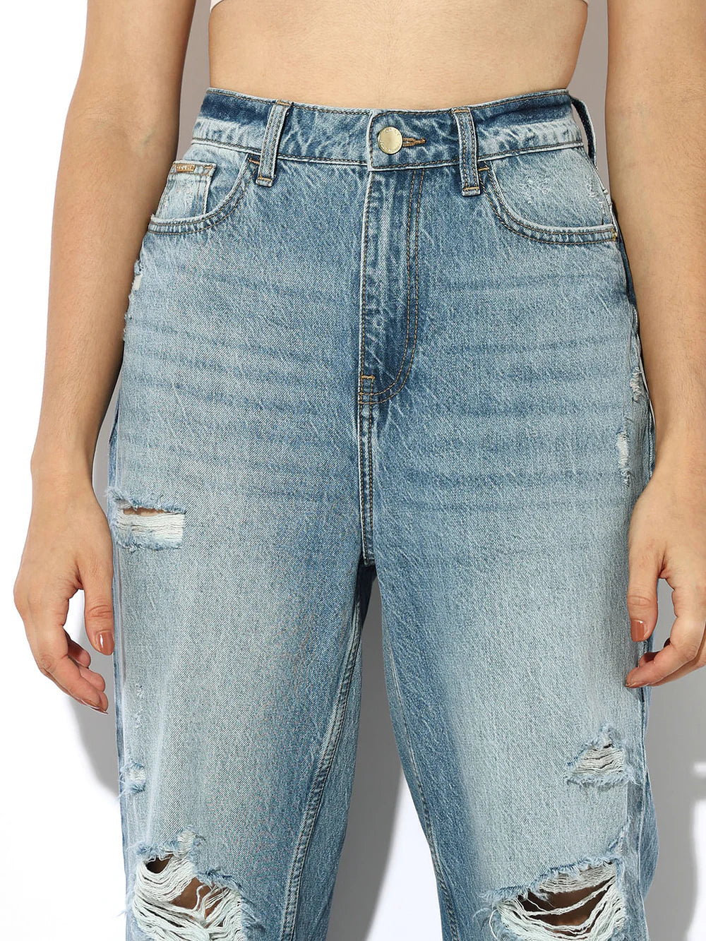 Women's Blue Distressed Slouchy Fit Jeans – Relaxed Casual Denim with Ripped Detailing and Vintage Wash