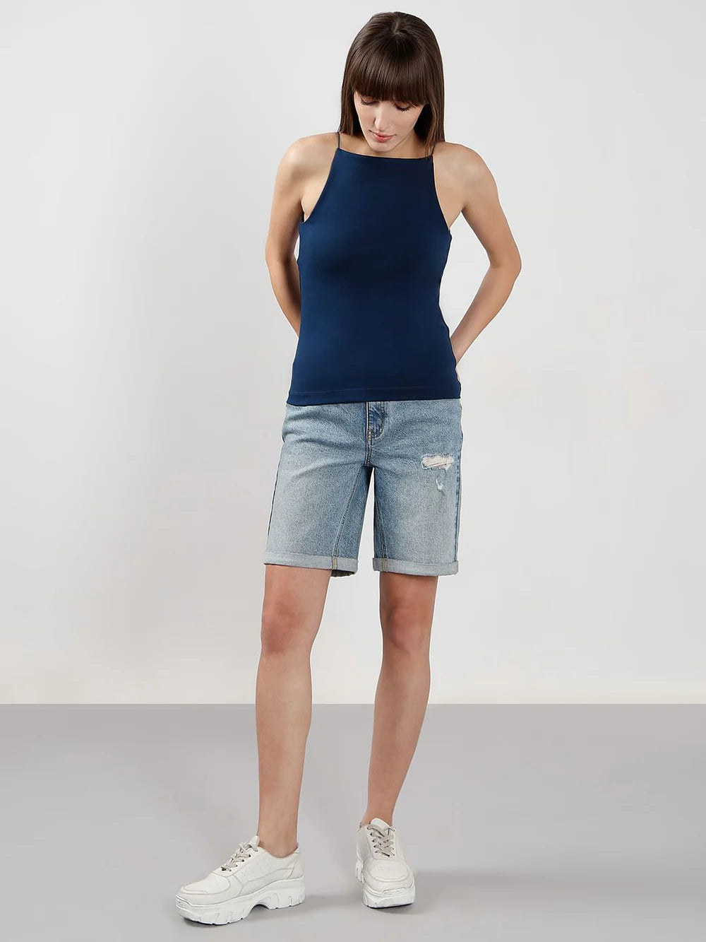 Trendy Blue Incut Fitted Top for Women with Comfortable and Body-Flattering Fit