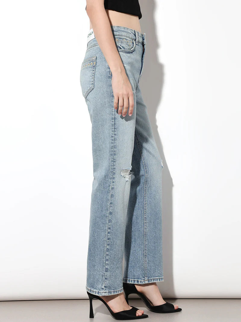 Women’s Light Blue Mildly Distressed Straight Fit Denim Pants for Everyday Outfits