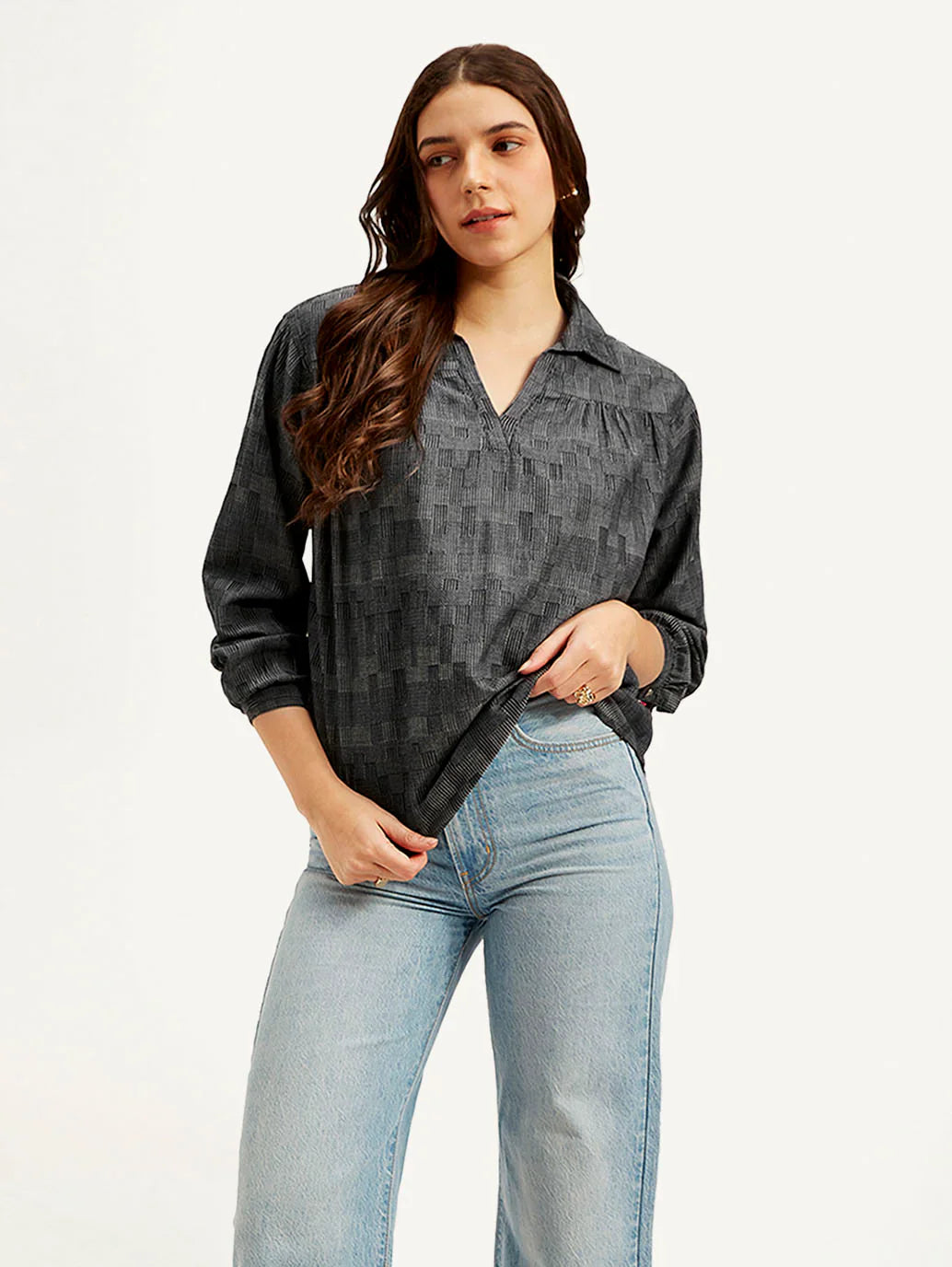 Women’s Charcoal Grey Abstract Design Spread Collar Everyday Top
