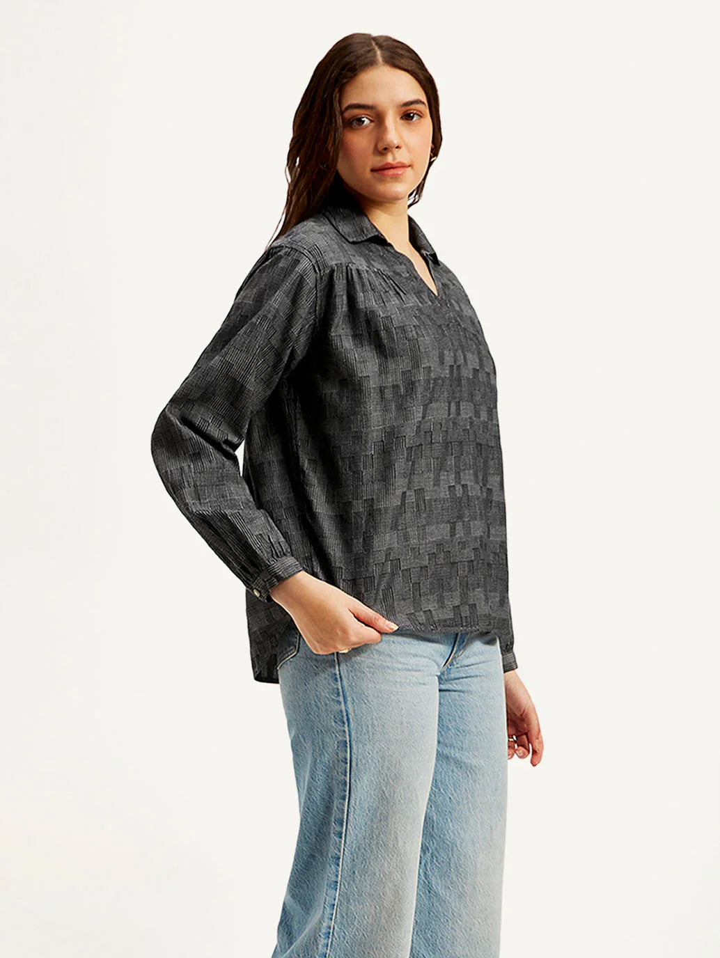 Women’s Charcoal Grey Abstract Design Spread Collar Everyday Top