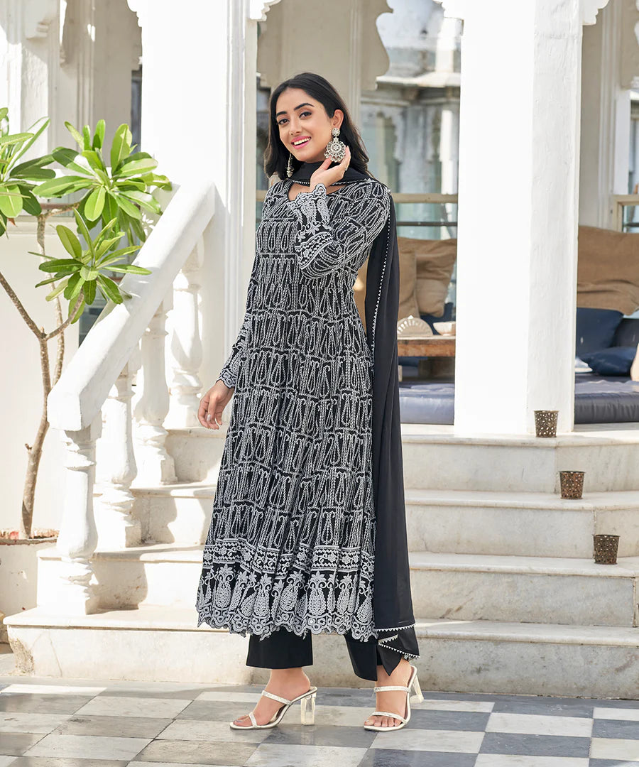 Classic Black Chikankari Straight Kurta Set with Pant and Dupatta for Women Festive Fashio
