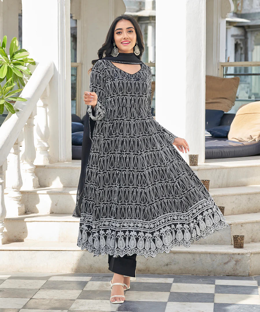 Classic Black Chikankari Straight Kurta Set with Pant and Dupatta for Women Festive Fashio