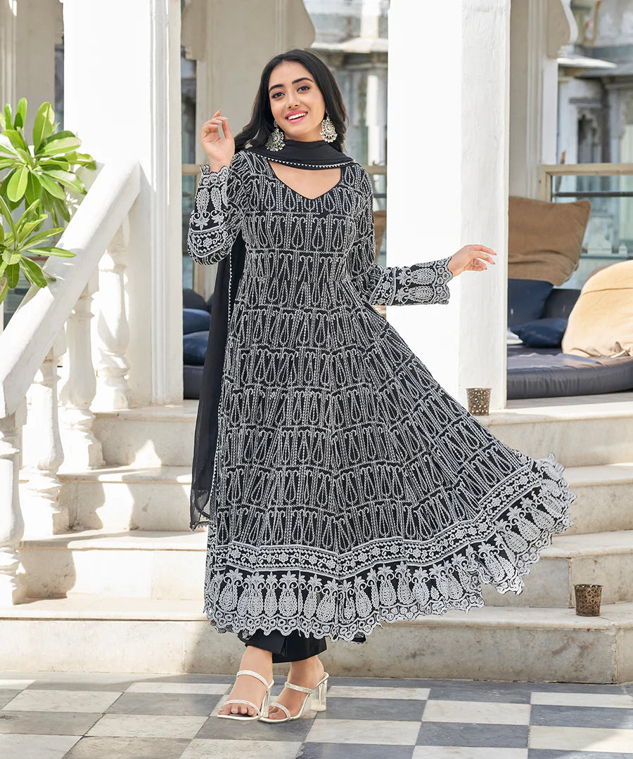 Classic Black Chikankari Straight Kurta Set with Pant and Dupatta for Women Festive Fashio