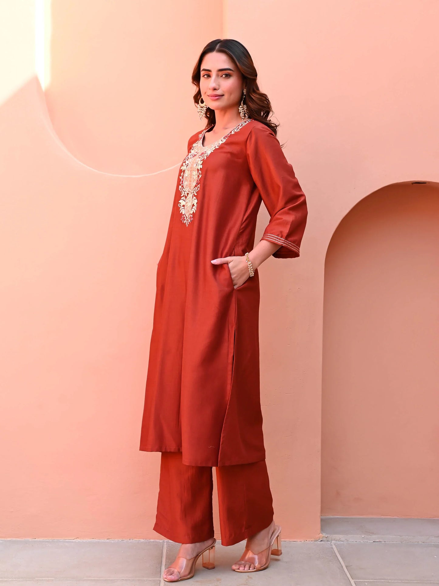 Elegant Burnt Orange Silk Kurti for Women with Traditional Detailing
