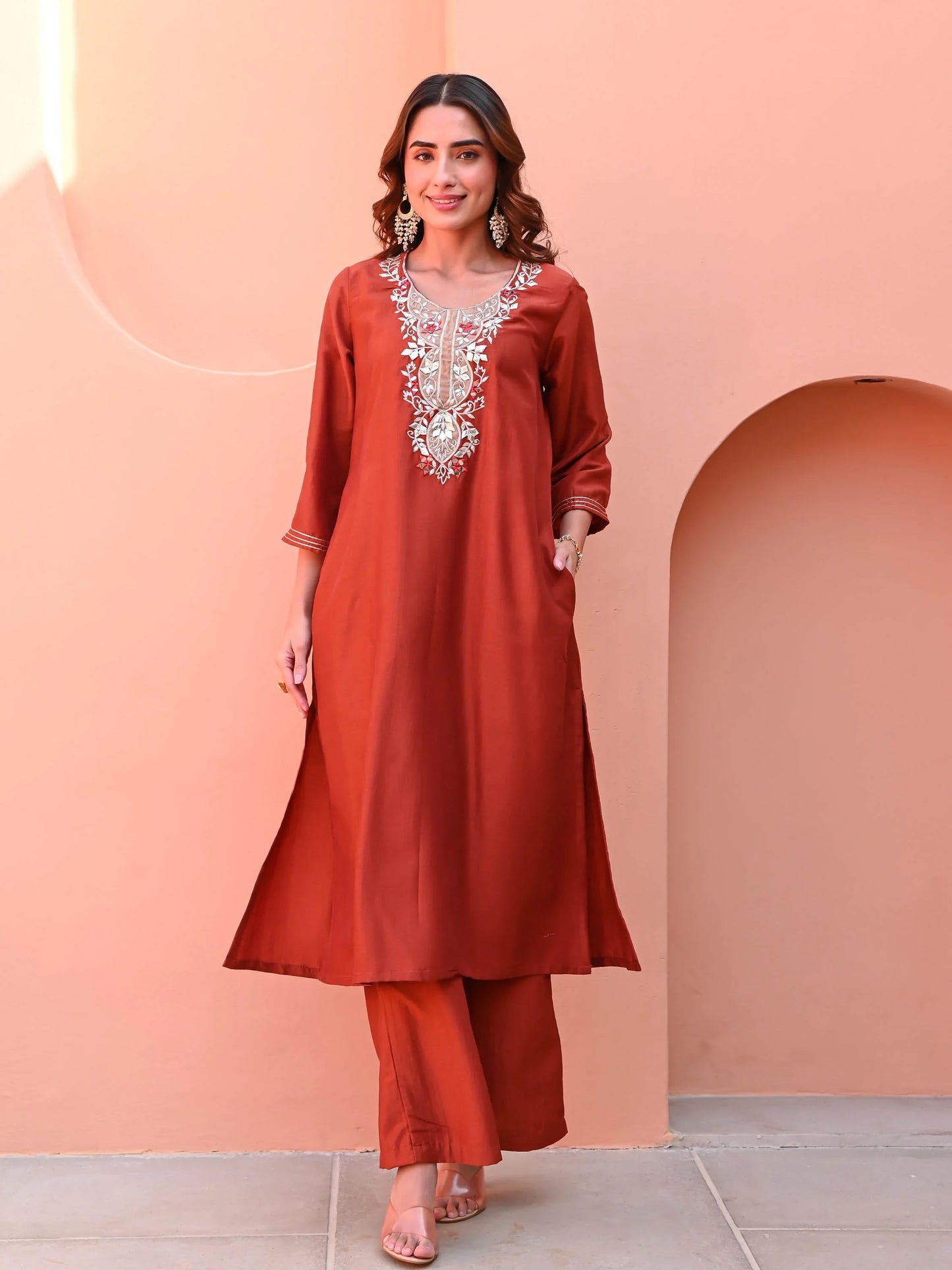 Elegant Burnt Orange Silk Kurti for Women with Traditional Detailing