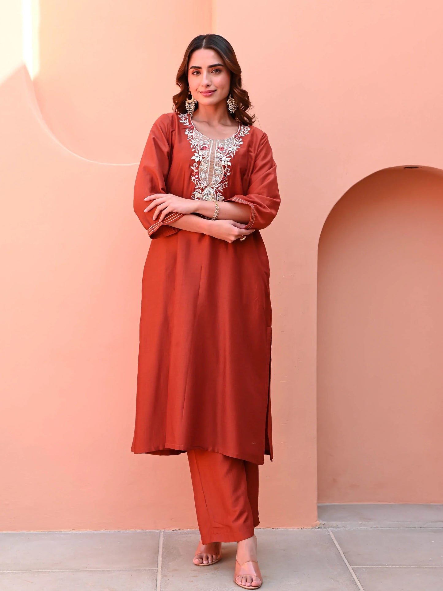 Elegant Burnt Orange Silk Kurti for Women with Traditional Detailing