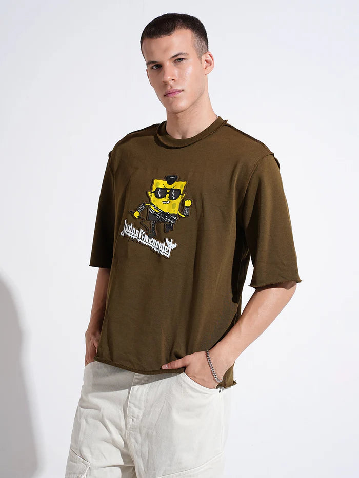 Mens Olive Oversized Round Neck T Shirt with Stylish Graphic Print and Casual Look