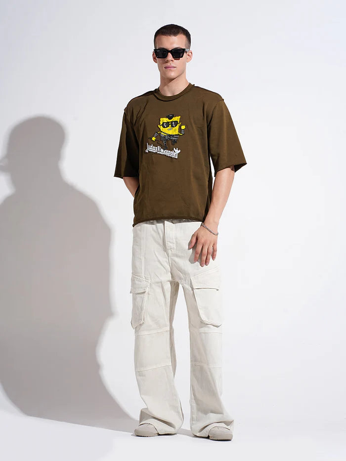 Mens Olive Oversized Round Neck T Shirt with Stylish Graphic Print and Casual Look