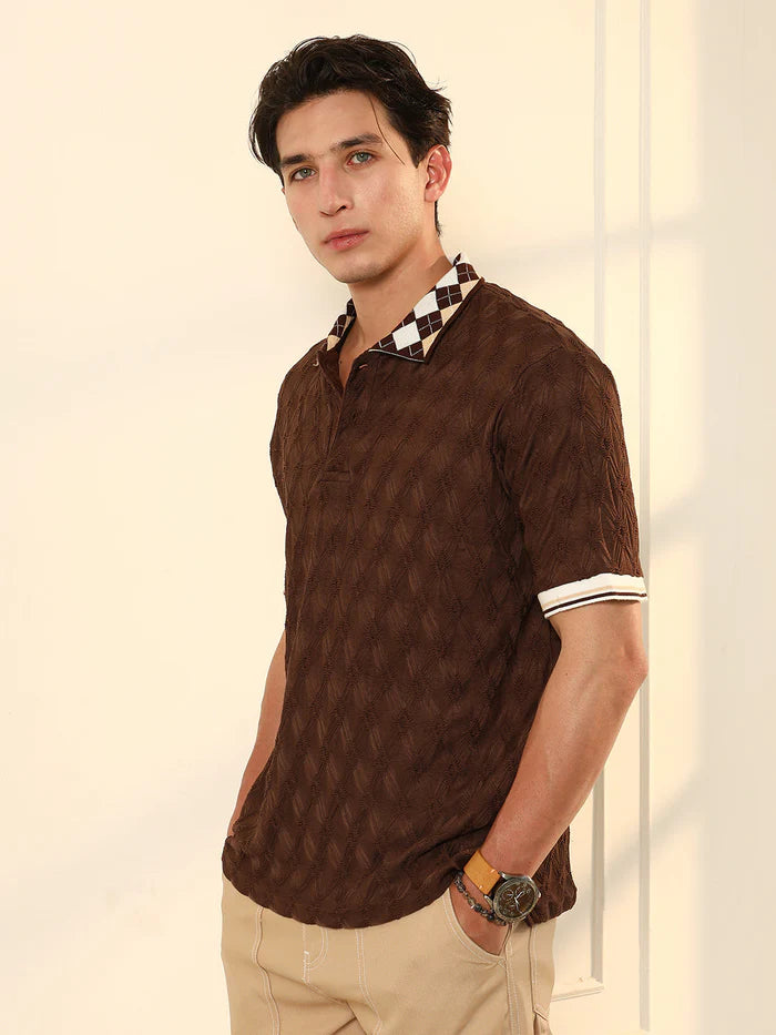Block Argyle Knit Polo T Shirt Ideal for Casual Wear with Soft and Comfortable Texture