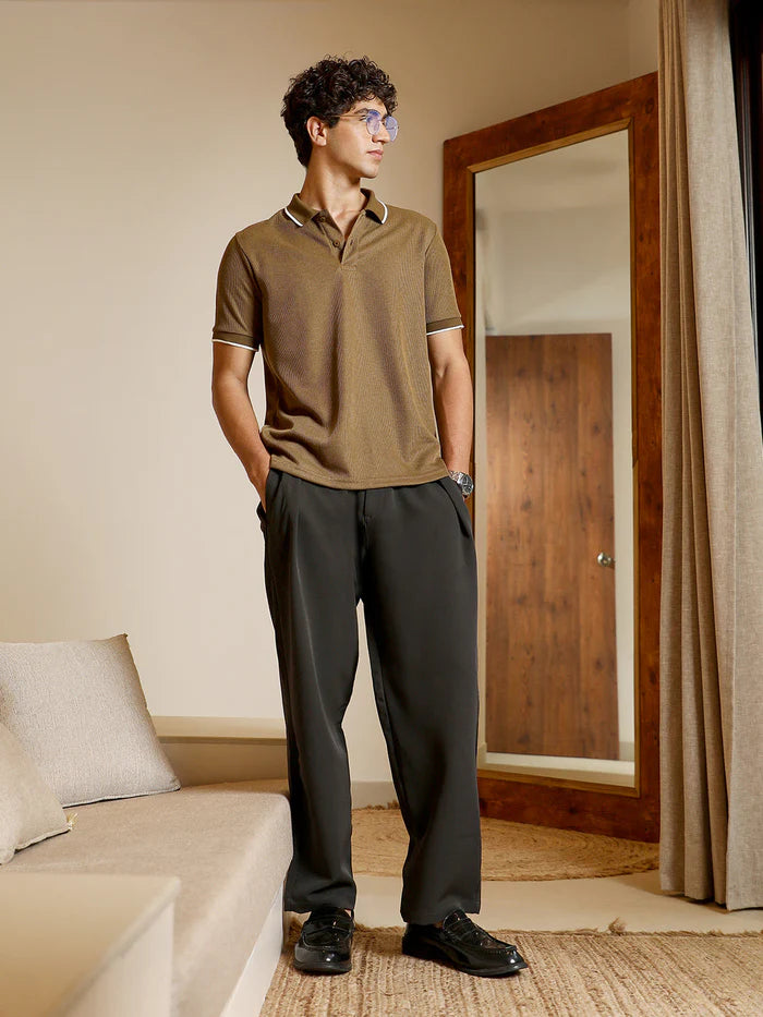 Ribbed Knit Polo T Shirt with Short Sleeves and Stylish Slim Fit Look