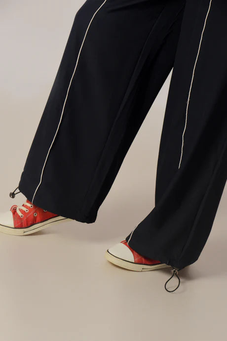 Blue Parachute Pants with Stylish Piping Detailing and Relaxed Comfortable Fit