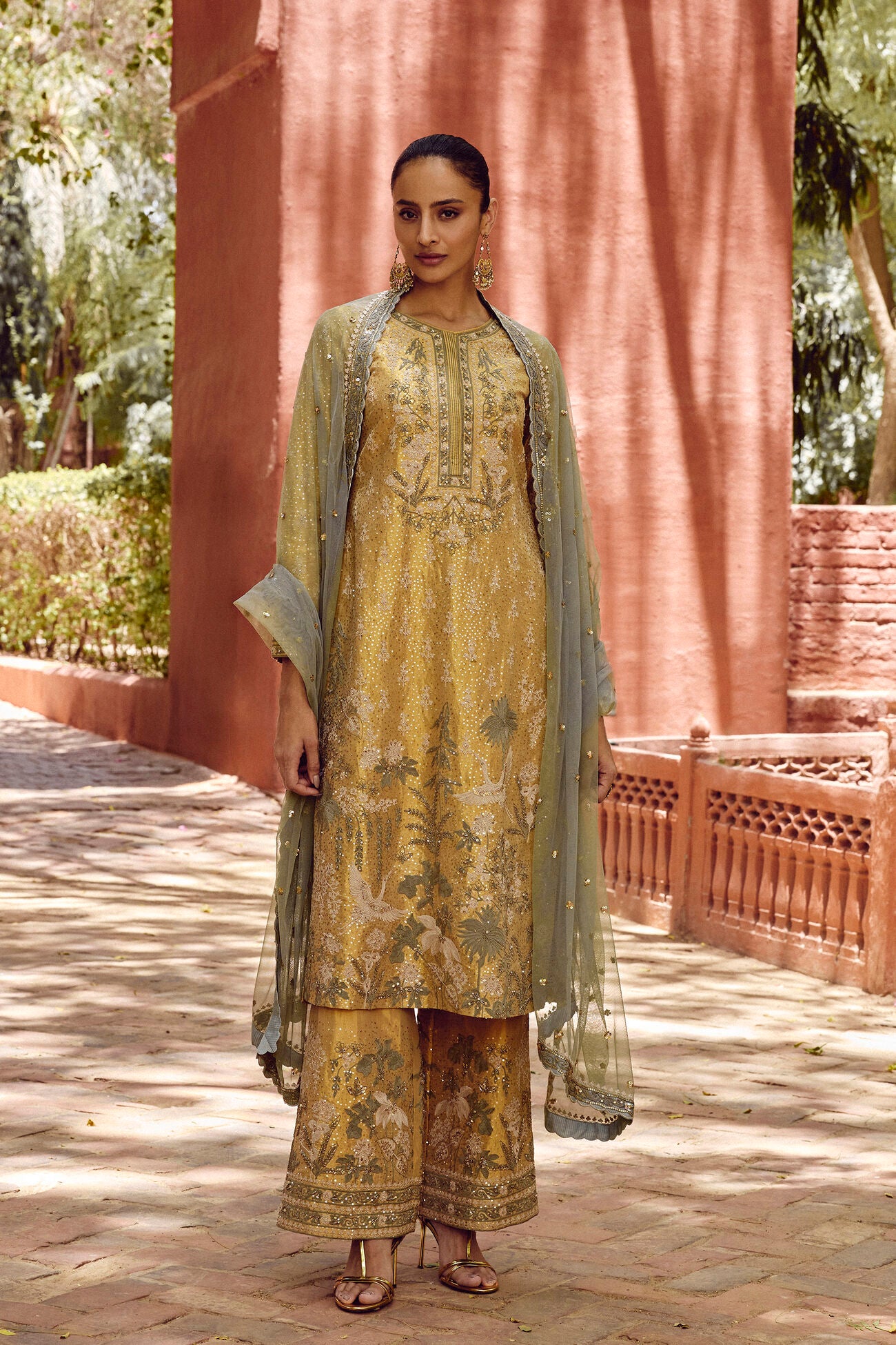 Stylish Gold Embroidered Silk Suit Set with Dupatta for Weddings, Celebrations, and Parties