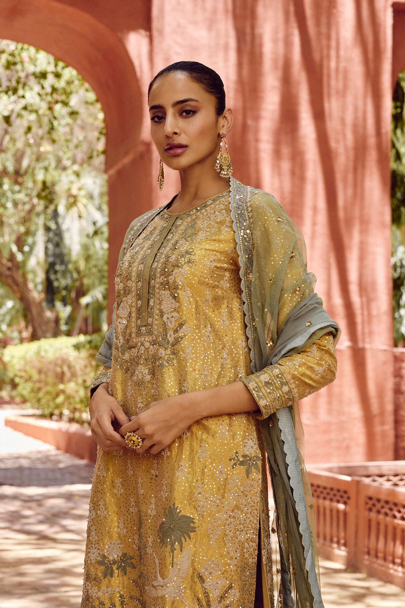 Stylish Gold Embroidered Silk Suit Set with Dupatta for Weddings, Celebrations, and Parties