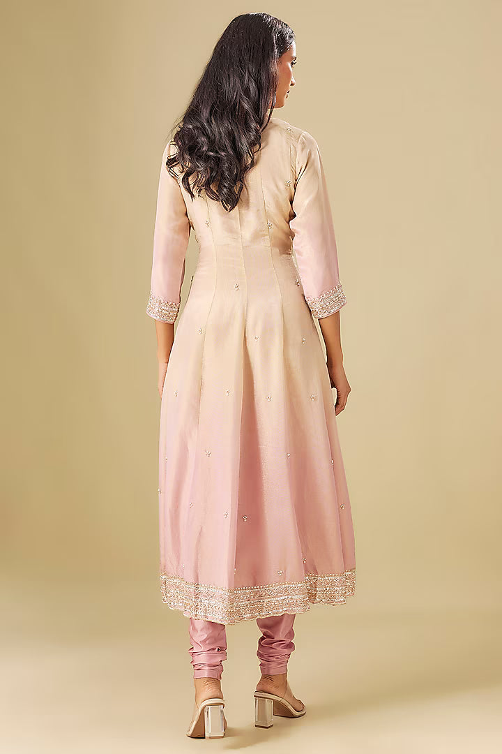 Stylish Tissue Georgette Ivory & Nude Pink Anarkali Ensemble with Hand Embellishments
