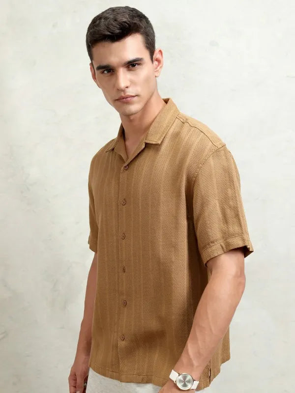 Men’s Oversized Fit Brown Striped Casual Shirt with Soft and Breathable Fabric