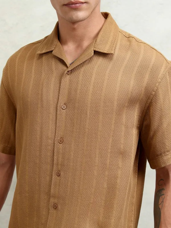 Men’s Oversized Fit Brown Striped Casual Shirt with Soft and Breathable Fabric