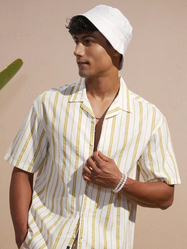 Comfortable Men Olive Striped Oversized Fit Shirt for Daily Wear