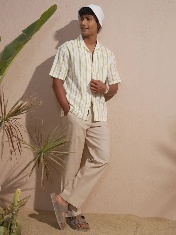 Comfortable Men Olive Striped Oversized Fit Shirt for Daily Wear