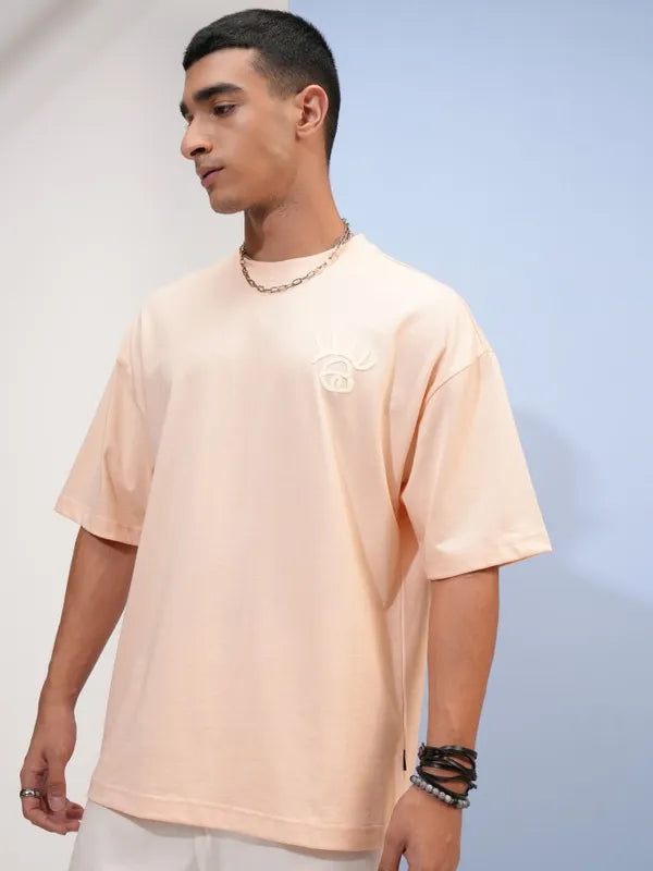Fashionable Oversized Peach Color Printed T-Shirt for Men