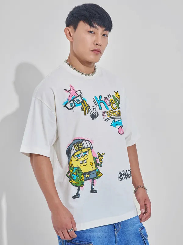 Off White Spongebob Squarepants Graphic Print Round Neck Oversized T Shirt for Men