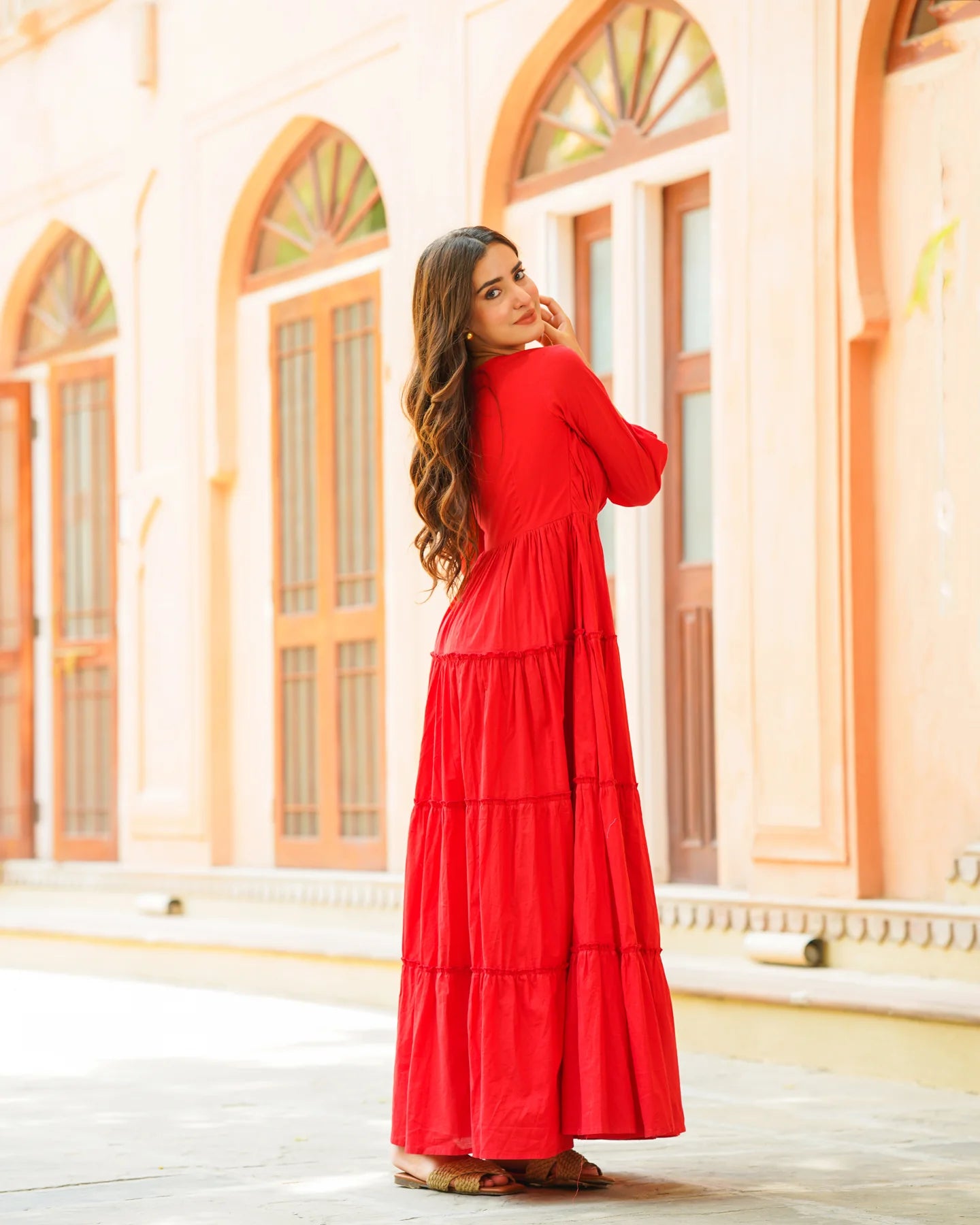 Trendy Fiery Red Solid Tiered Dress for Women Offering Comfortable Fit Modern Design and Classy Look