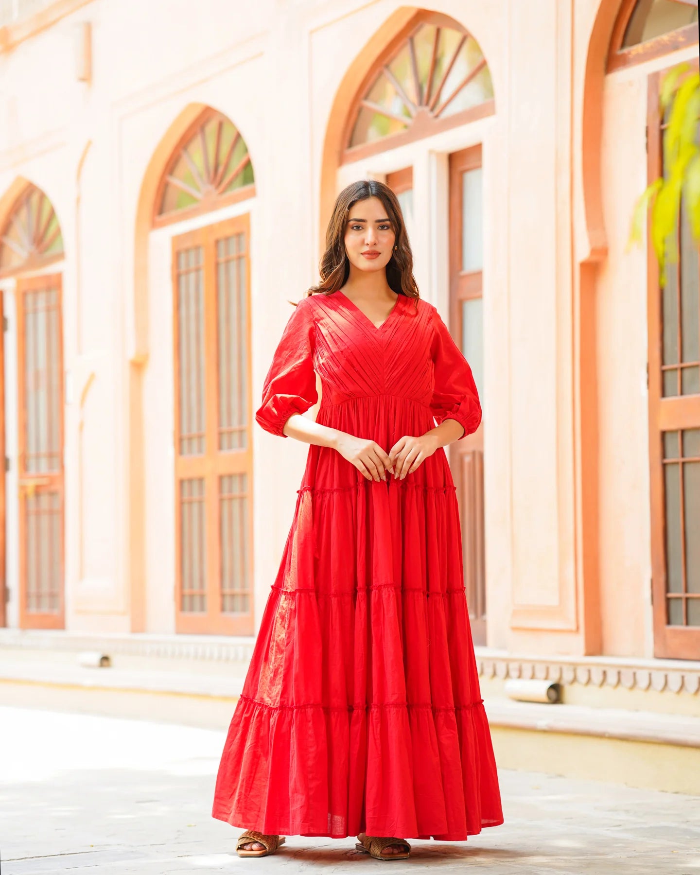 Trendy Fiery Red Solid Tiered Dress for Women Offering Comfortable Fit Modern Design and Classy Look