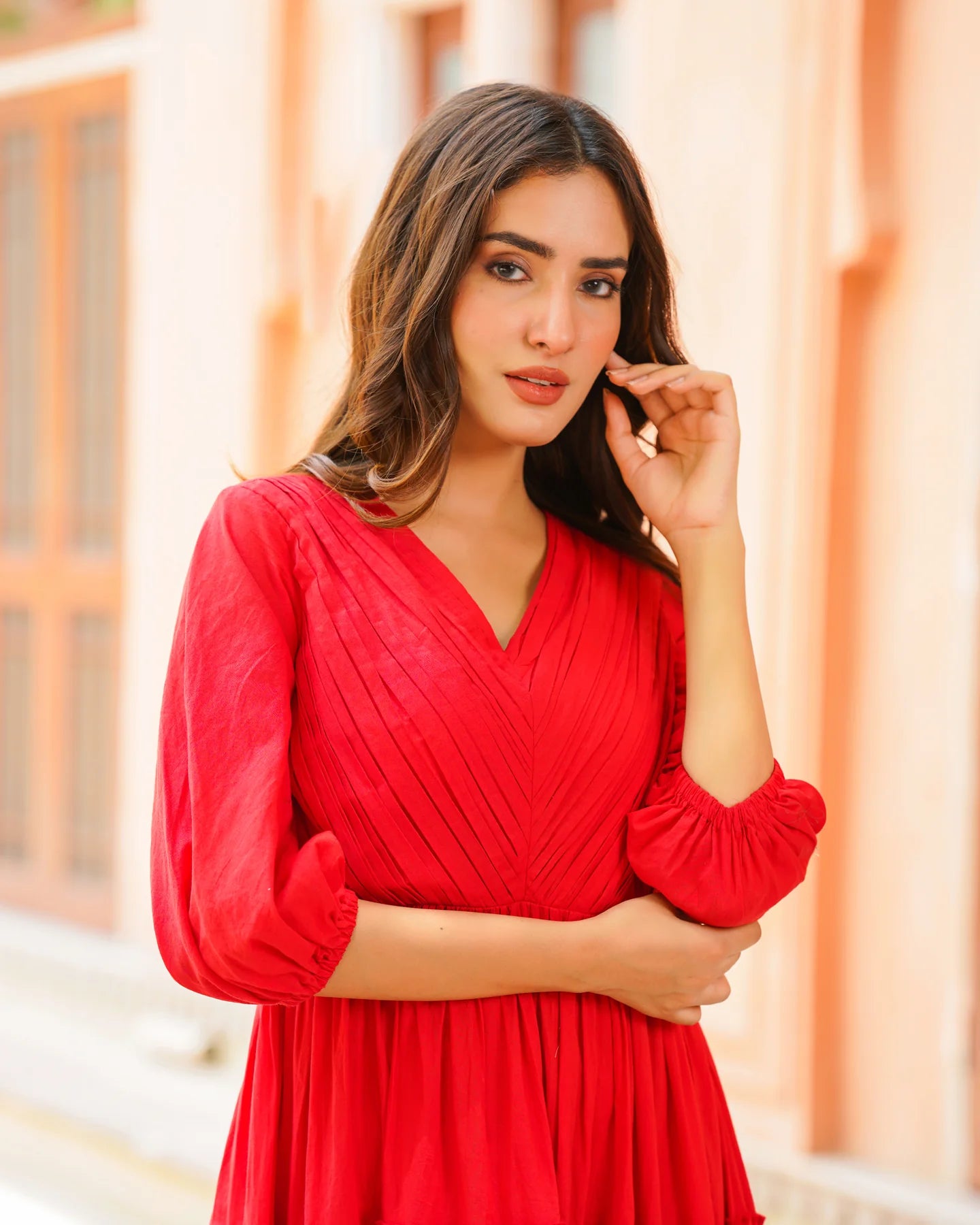 Trendy Fiery Red Solid Tiered Dress for Women Offering Comfortable Fit Modern Design and Classy Look