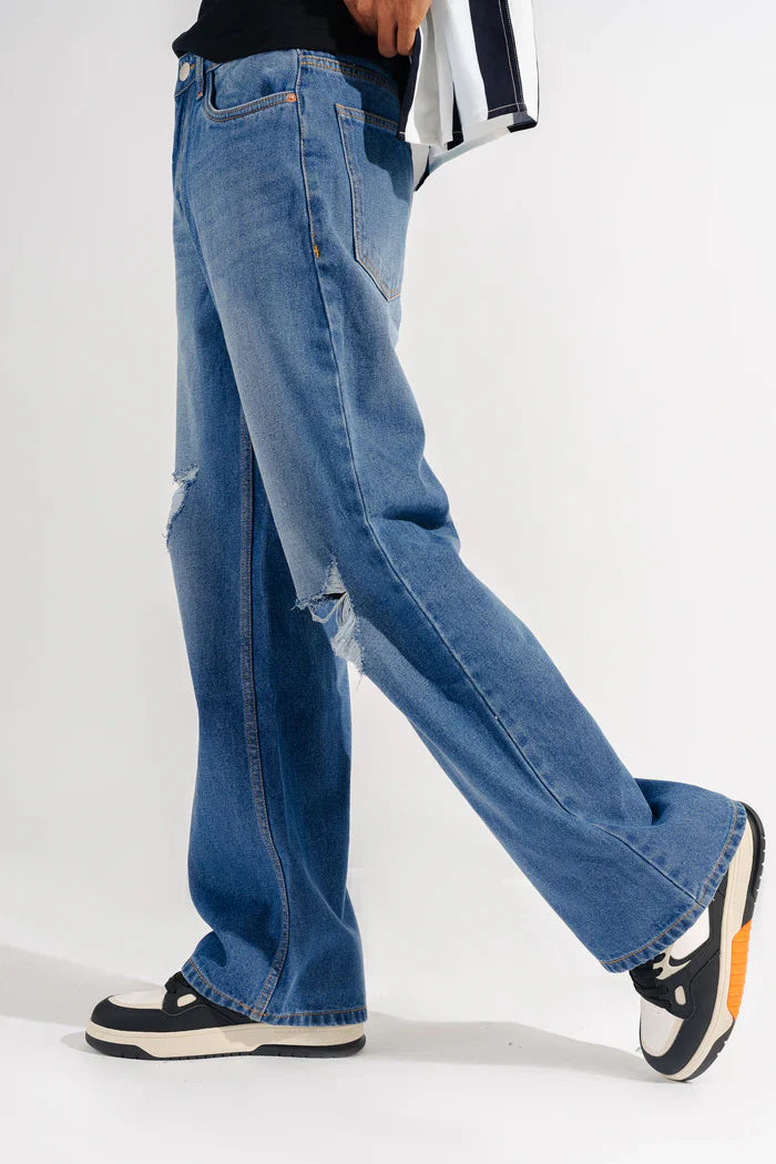 Mens Wide Leg Distressed Denim Jeans for Casual and Streetwear Style