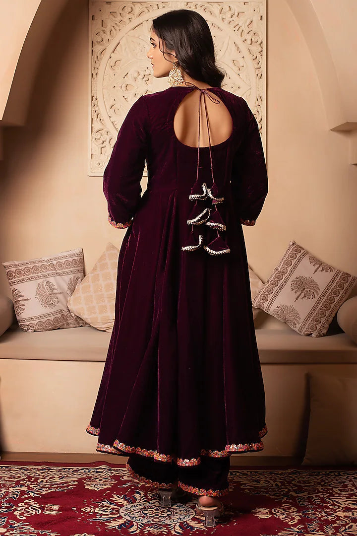 Comfortable Women’s Velvet Anarkali Dress in Burgundy with Gota Patti