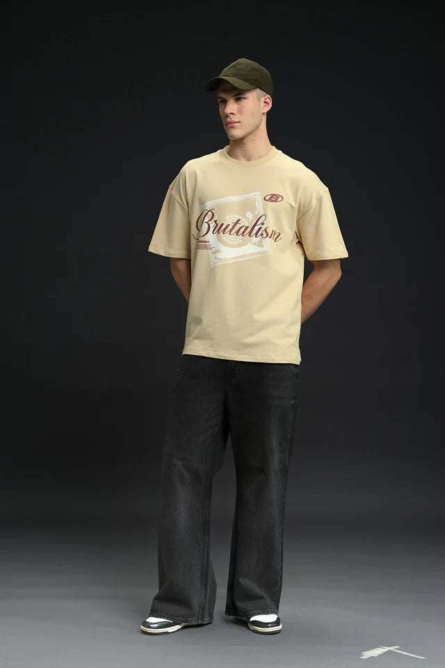 Oversized Raw Brutalism Print Casual Cotton T-Shirt for Men
