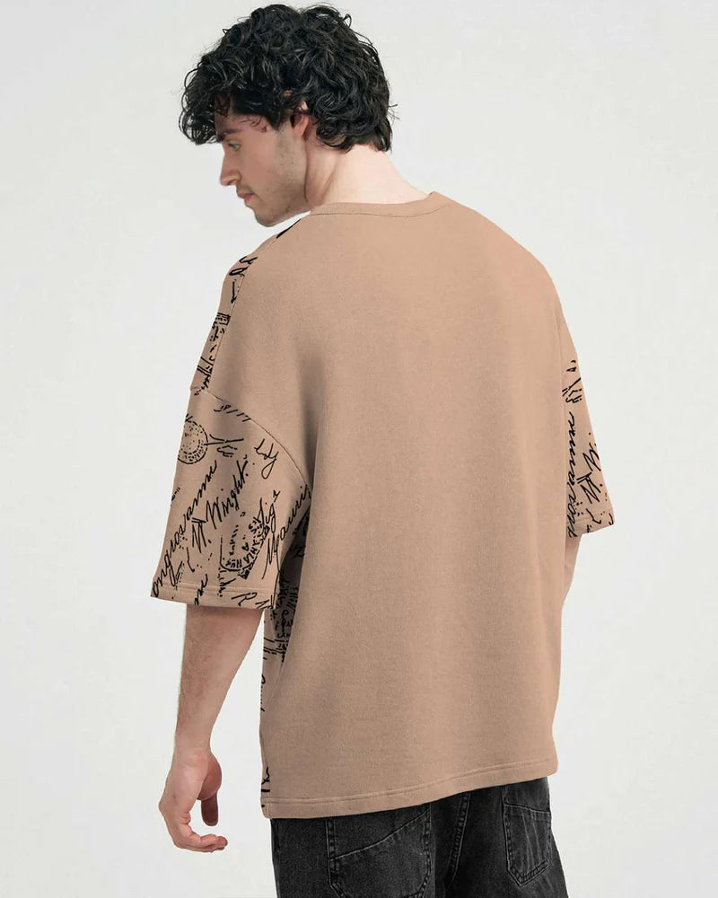 Trendy Mens Beige Oversized T shirt with Unique All Over Printed Design for Casual Wear