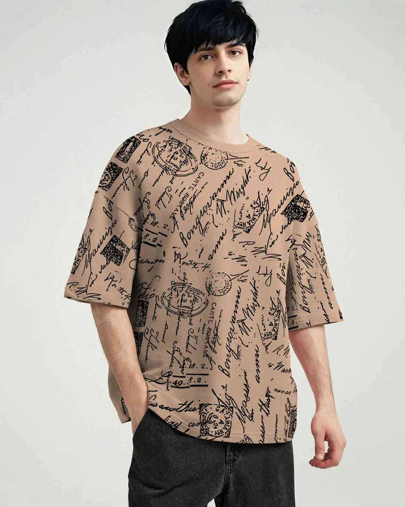 Trendy Mens Beige Oversized T shirt with Unique All Over Printed Design for Casual Wear