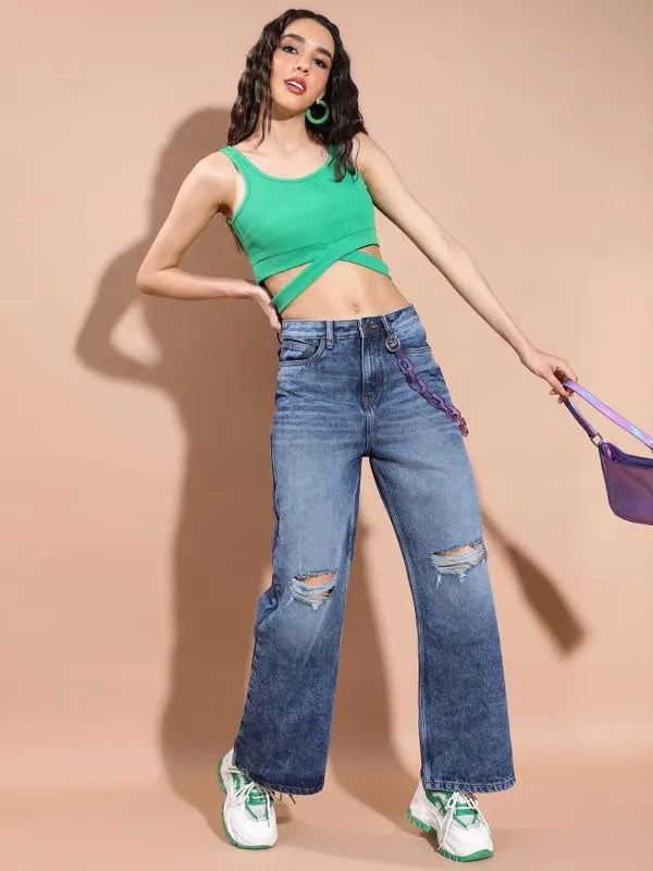 Highly Distressed Blue Wide Leg Jeans for Women with Comfortable and Stylish Look