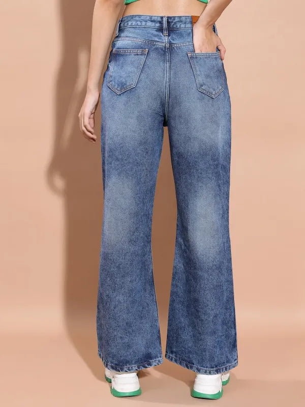 Highly Distressed Blue Wide Leg Jeans for Women with Comfortable and Stylish Look