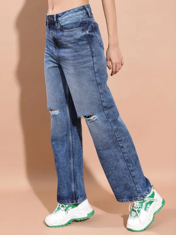 Highly Distressed Blue Wide Leg Jeans for Women with Comfortable and Stylish Look