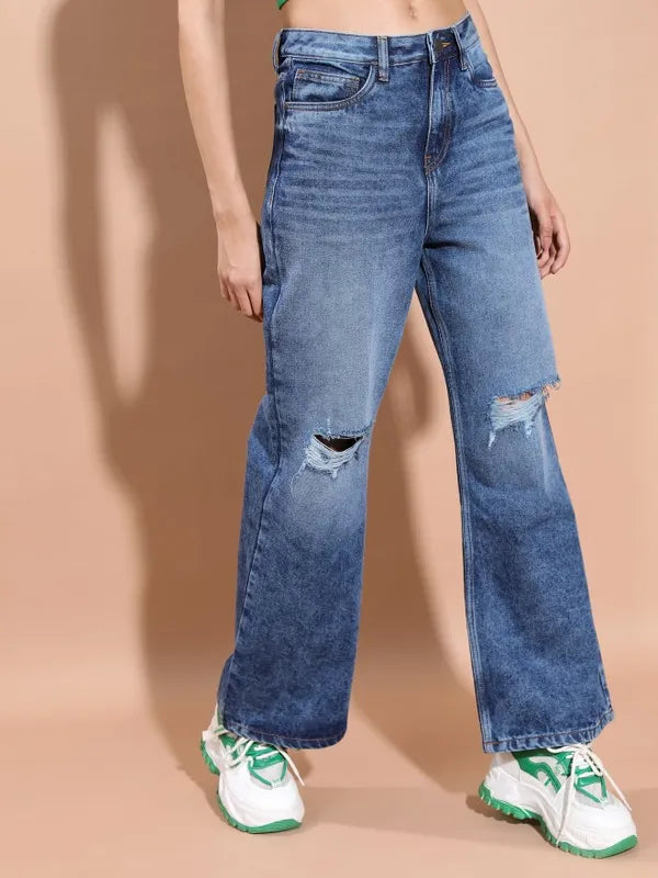 Highly Distressed Blue Wide Leg Jeans for Women with Comfortable and Stylish Look