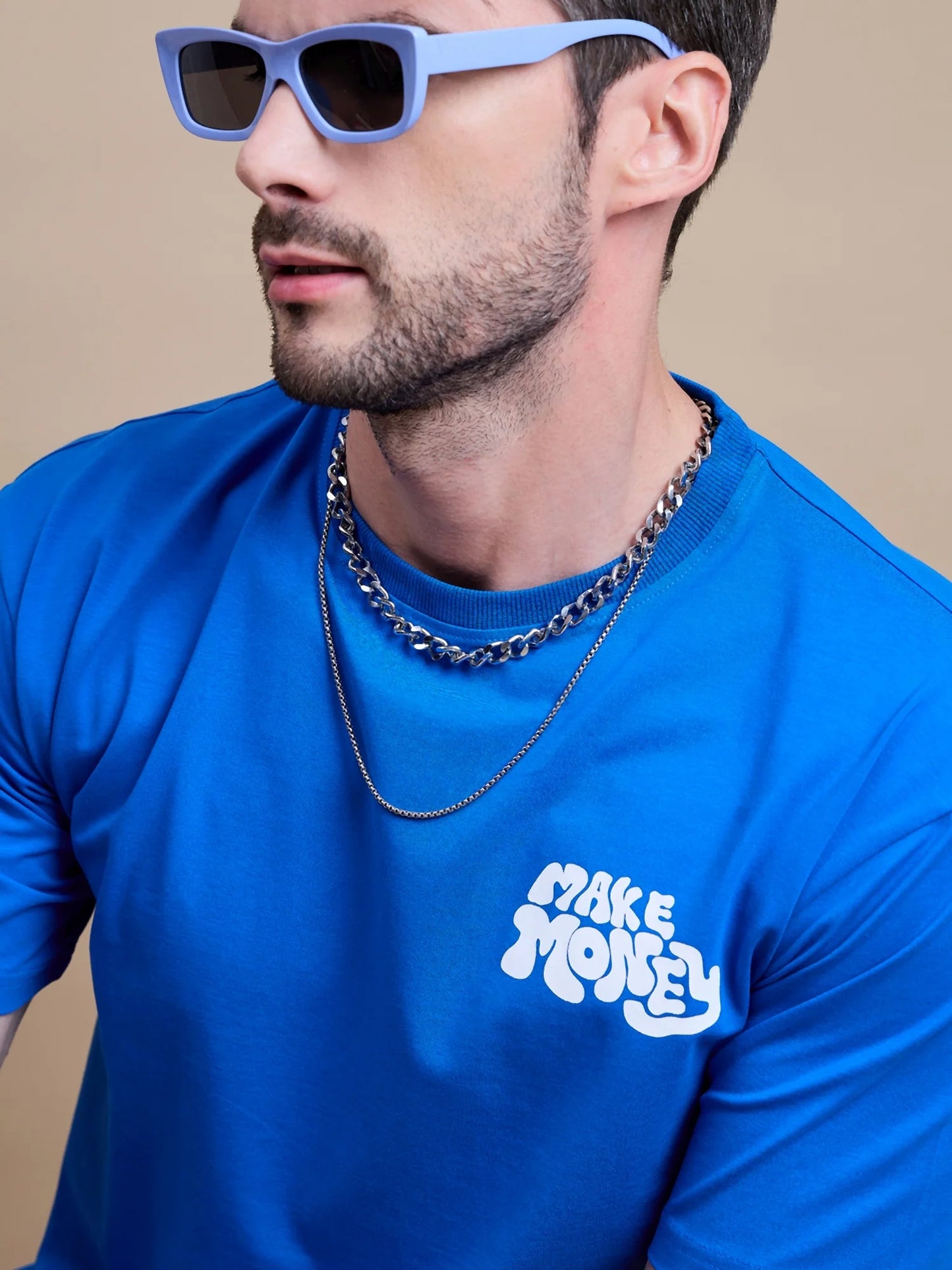Mens Blue Casual Oversized Cotton T Shirt with Relaxed Fit and Simple Design