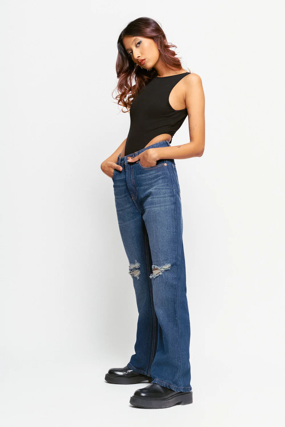 Trendy Retro Distressed Bootcut Jeans in Classic Vintage Style with Modern Comfort