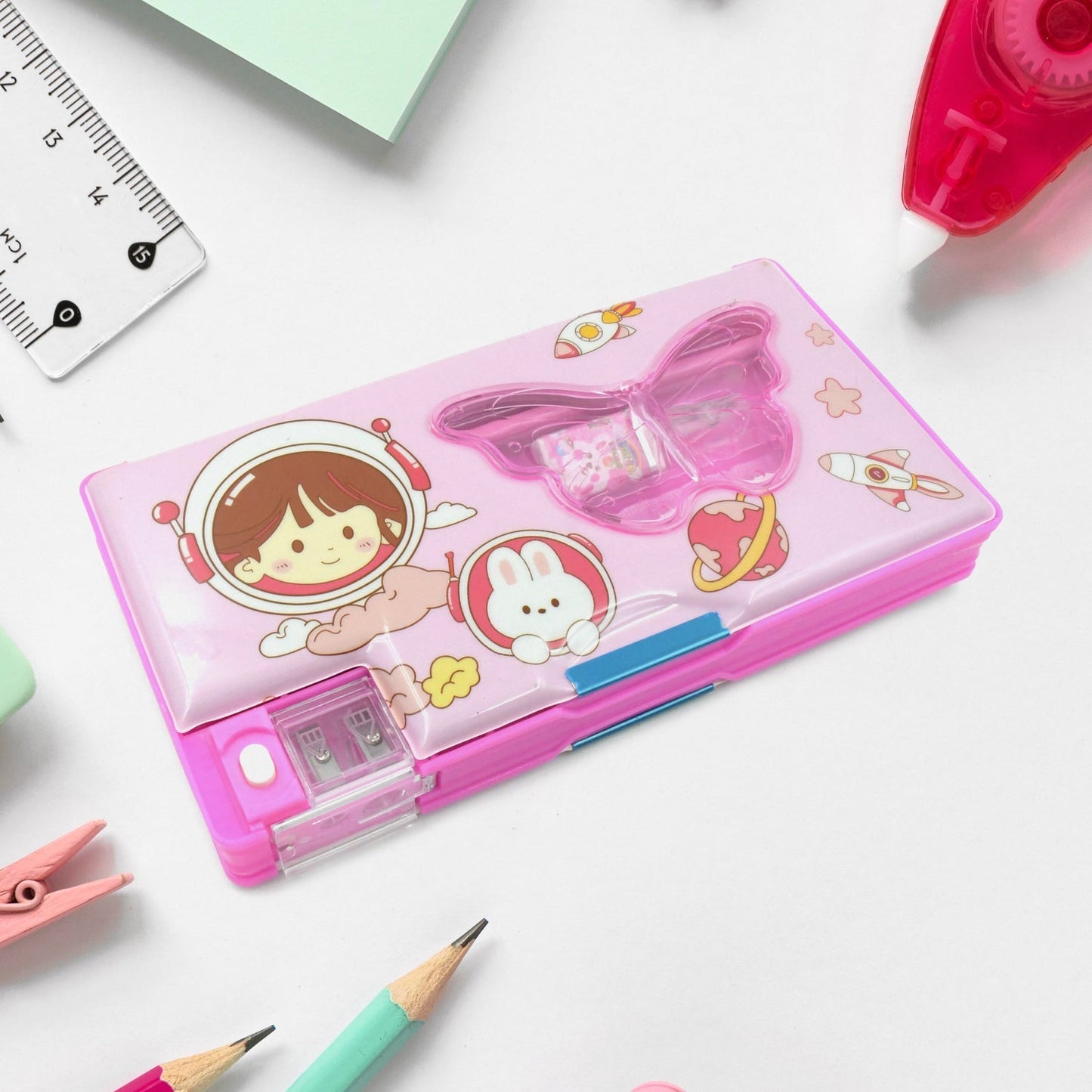 4254 Printed Pencil Case For Kidsmulti Compartment Compass Pencil Box With Sharpener Eraser Pencil Scale School Supplies Pencil Compass Boxstationery Case (Pack Of 1)