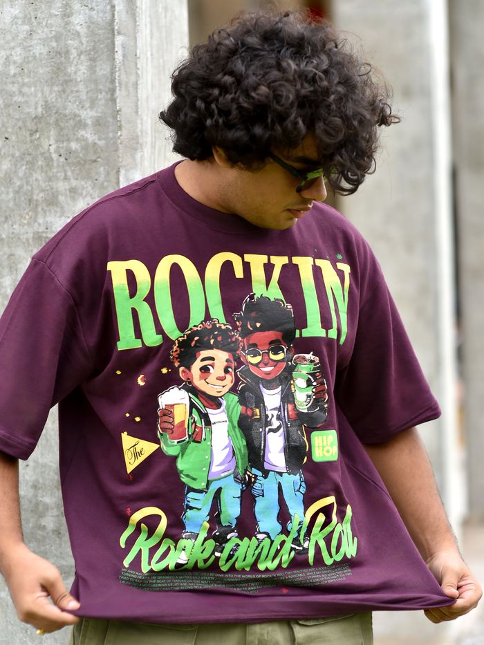 Statement Dark Purple Oversized T-shirt with Rock and Roll HD Print for Music Lovers and Casual Style