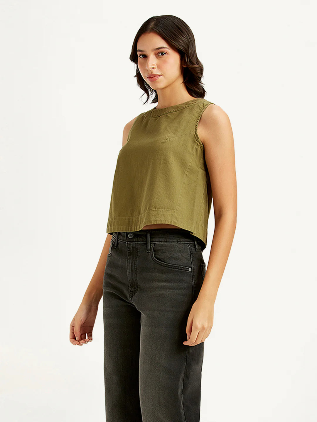 Chic Solid Olive Green Crop Top for Women with Round Neck and Contemporary Design