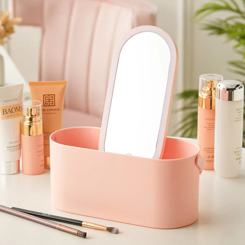 Makeup Storage Case with Detachable LED Mirror, Handle, and USB-C Rechargeable Design