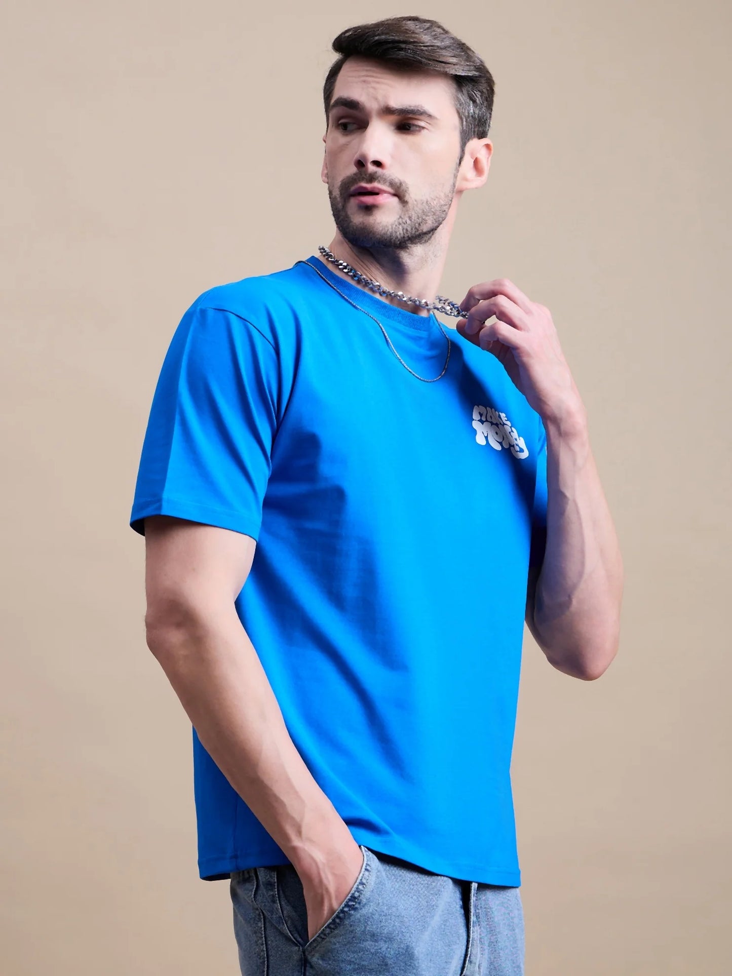 Mens Blue Casual Oversized Cotton T Shirt with Relaxed Fit and Simple Design
