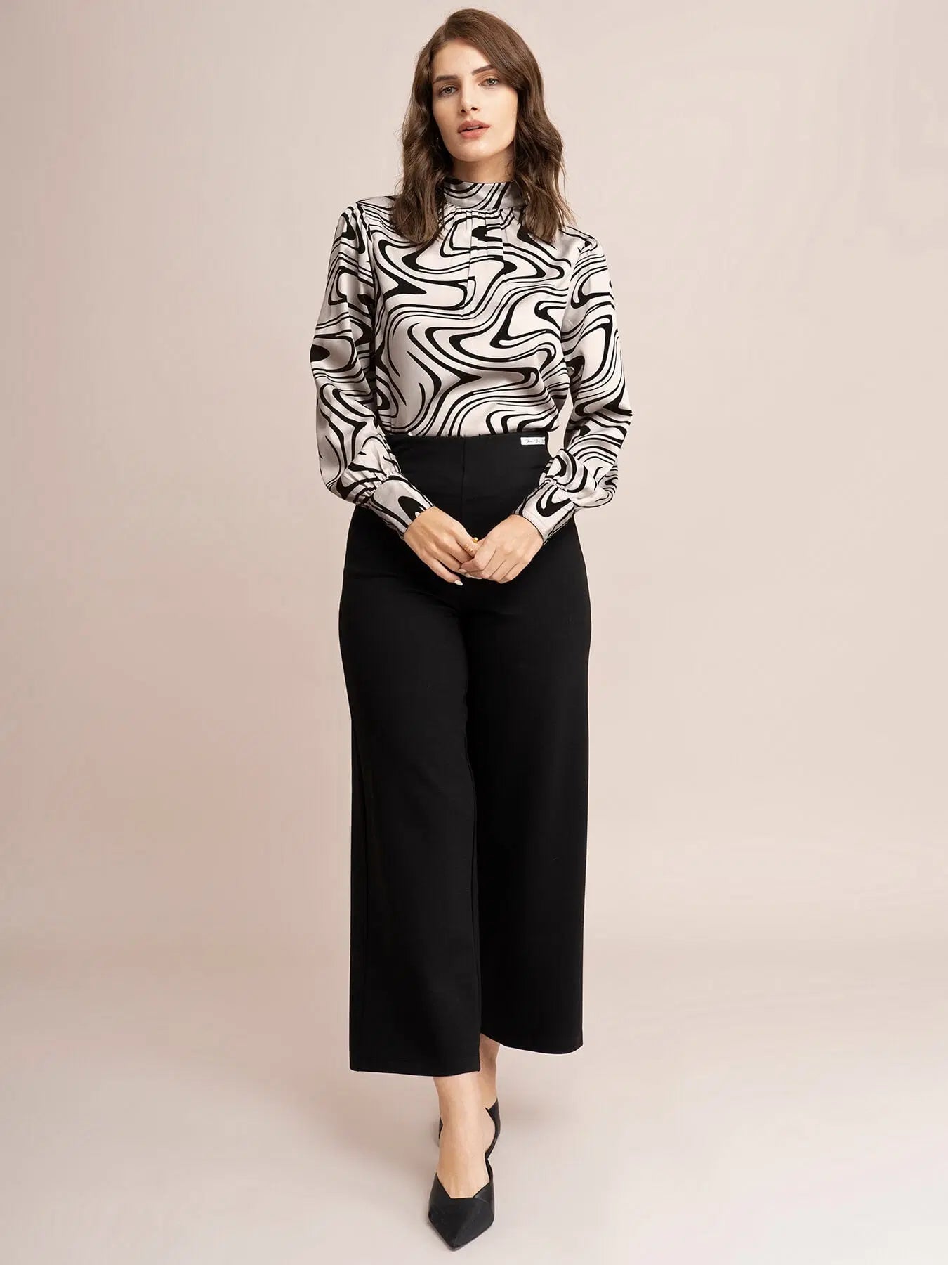 Elegant Women’s Satin Top with Beige and Black Abstract Print and Modern Styling